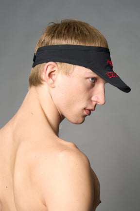 Black Namilia visor hat with embroidered horse and bold lettering on brim, unisex streetwear accessory