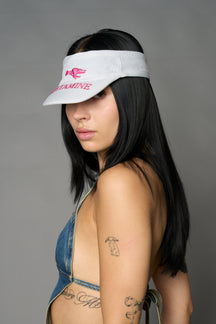 White Namilia visor hat with embroidered horse and bold lettering on brim, unisex streetwear accessory
