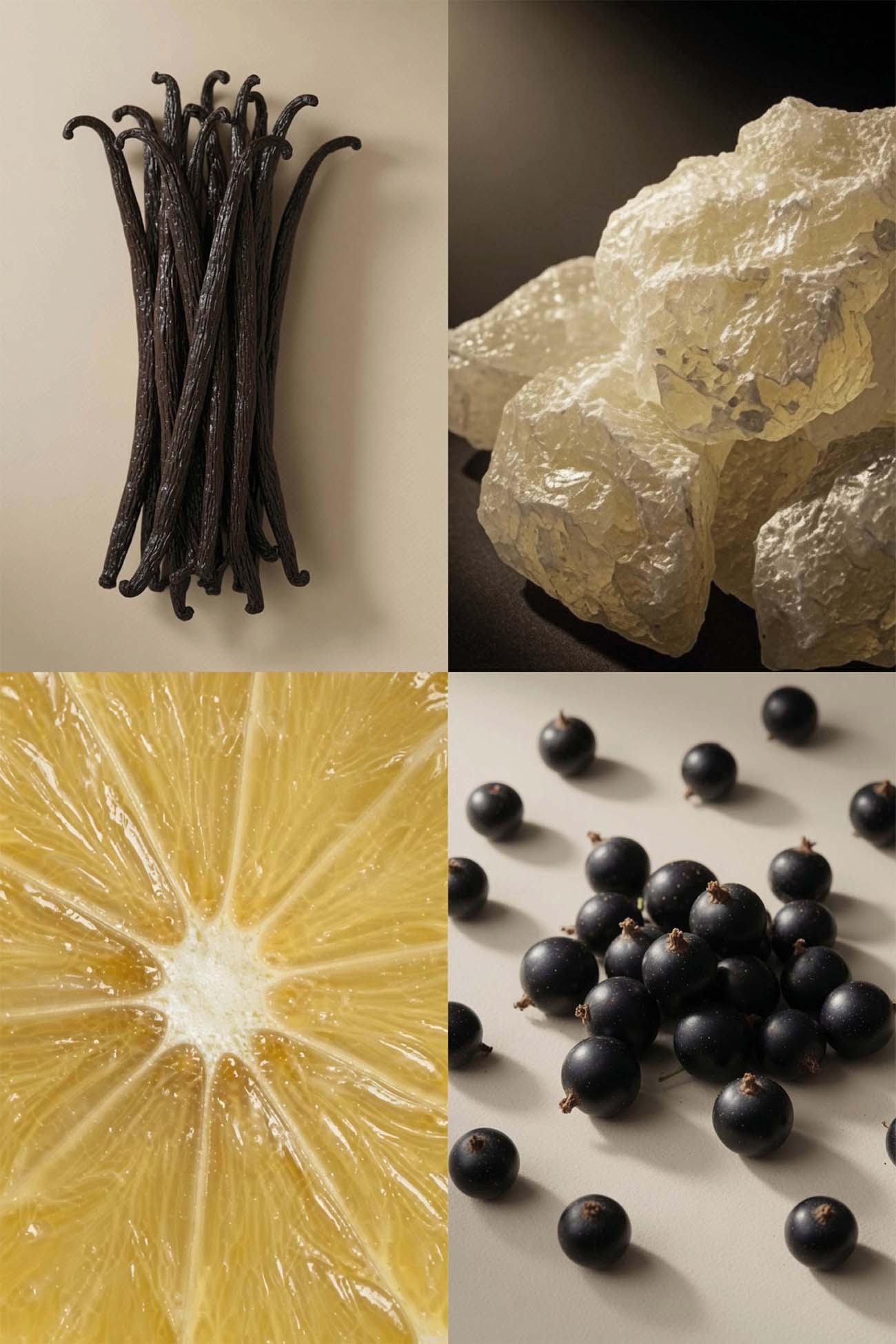 A four-panel collage showing natural ingredients: a bundle of dark vanilla pods on the top left, translucent wax-like wax crystals on the top right, a close-up of a yellow citrus cross-section on the bottom left, and a scattered pile of dark berries on the bottom right.