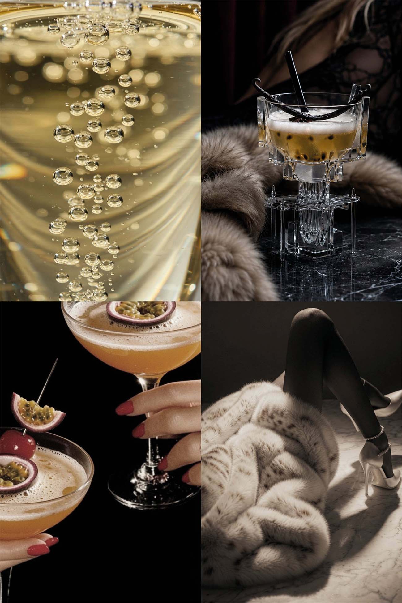 A four-panel collage featuring cocktails, bubbles, a hand with red nails holding a drink, and a person wrapped in a white knit sweater against a dark background.