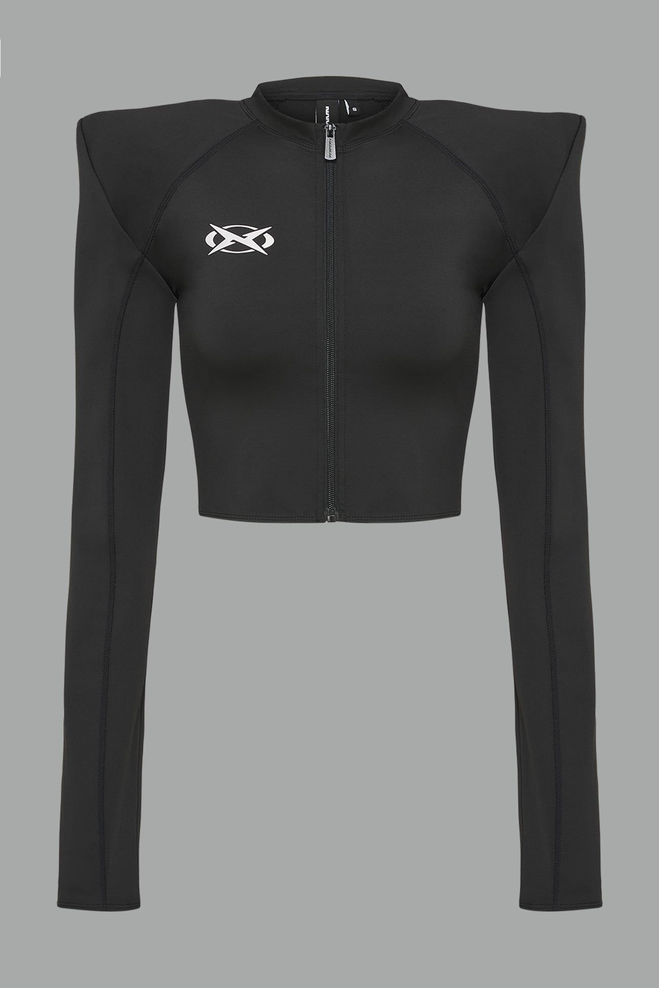 Namilia Pagoda Top in black with sharp padded shoulders and zip front