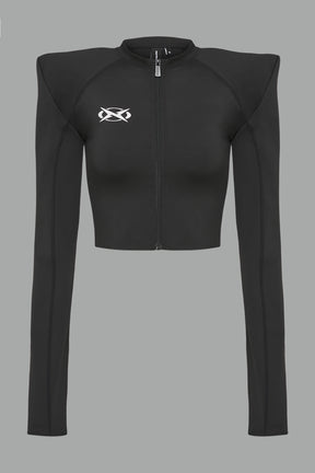 Namilia Pagoda Top in black with sharp padded shoulders and zip front