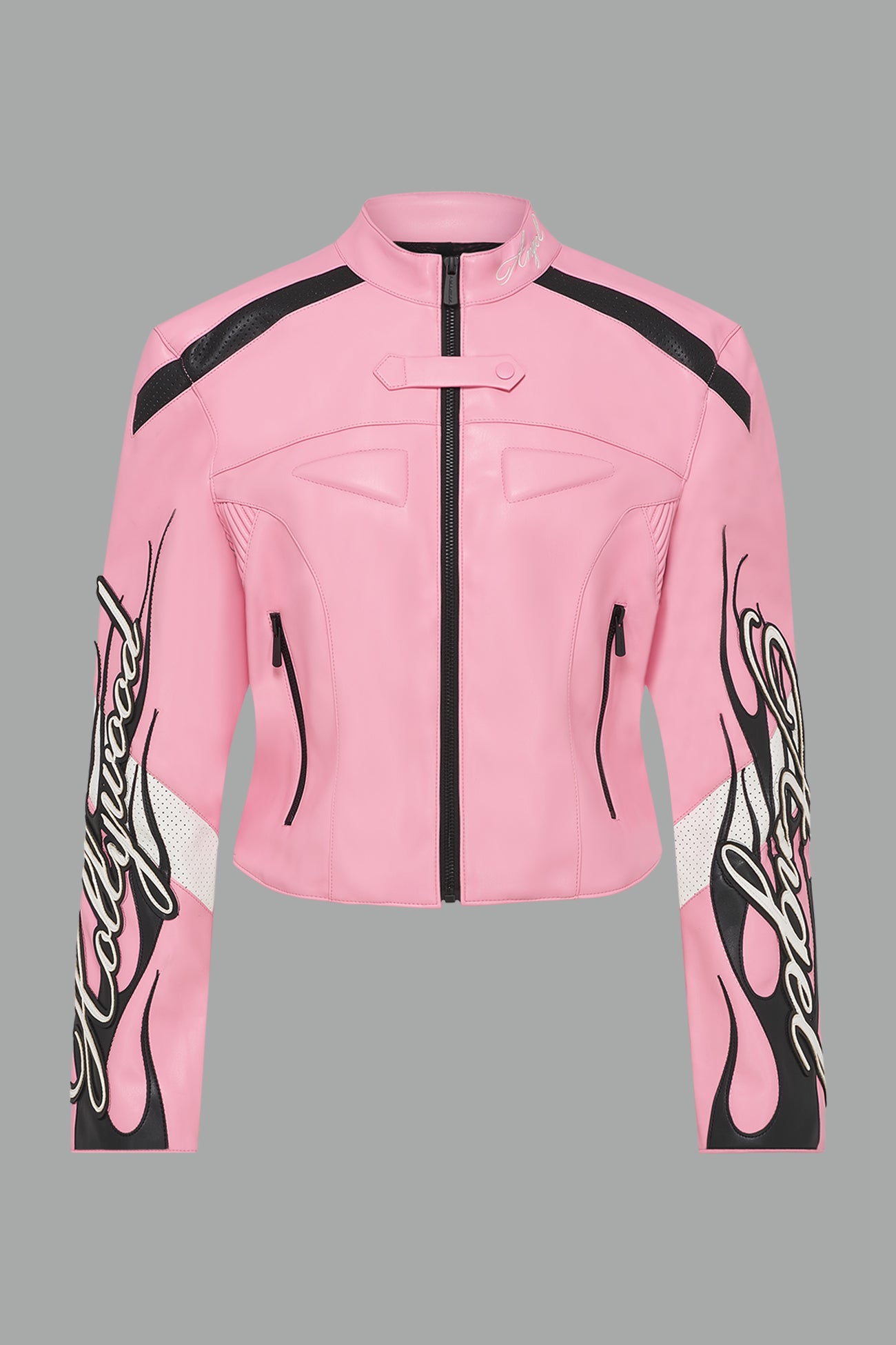 pink motocross PU jacket with embroidered sleeve