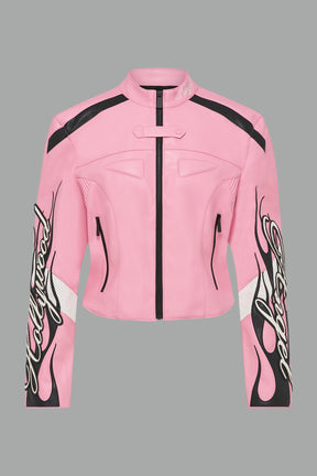 pink motocross PU jacket with embroidered sleeve