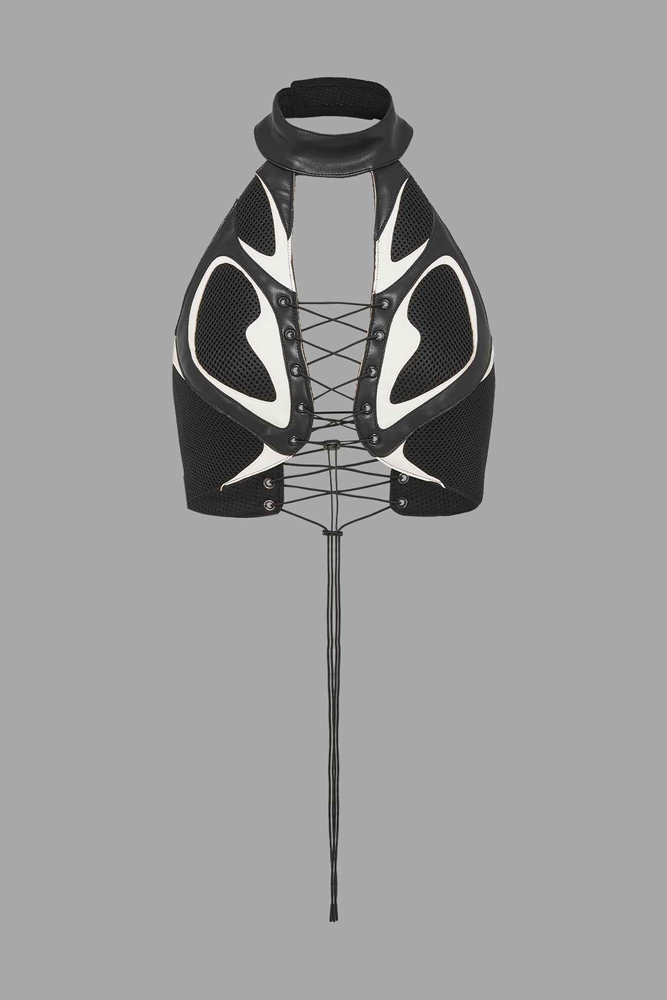white vegan leather neckholder crop top with lace-up front, high neck collar, and mesh panel detailing – edgy moto-inspired top for clubwear or streetwear.