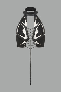 white vegan leather neckholder crop top with lace-up front, high neck collar, and mesh panel detailing – edgy moto-inspired top for clubwear or streetwear.