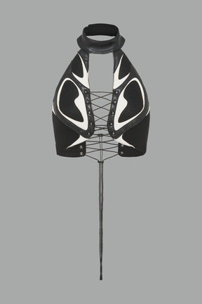 white vegan leather neckholder crop top with lace-up front, high neck collar, and mesh panel detailing – edgy moto-inspired top for clubwear or streetwear.