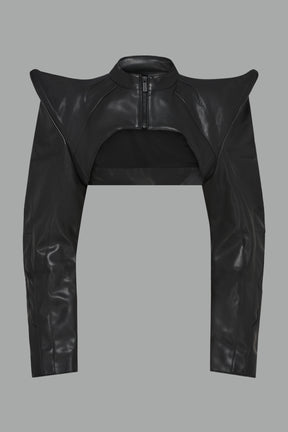 black Namilia Spike Moto Bolero Jacket with wire shoulder pads, cropped hemline, branded front zipper, motocross-style lines, and black rubber logo tag on the back.