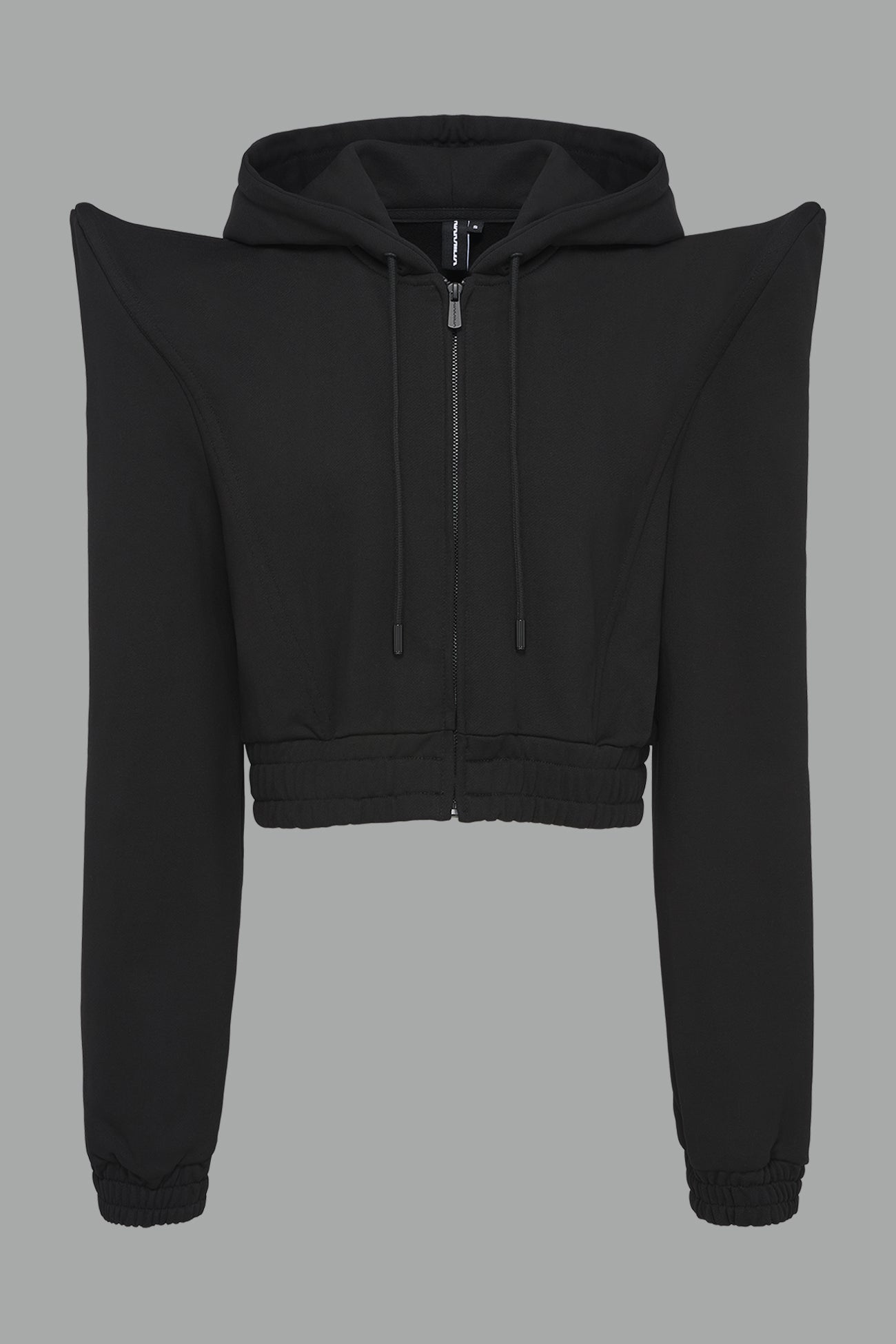 black cropped hoodie with exaggerated spike shoulders, drawstring hood