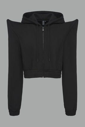 black cropped hoodie with exaggerated spike shoulders, drawstring hood