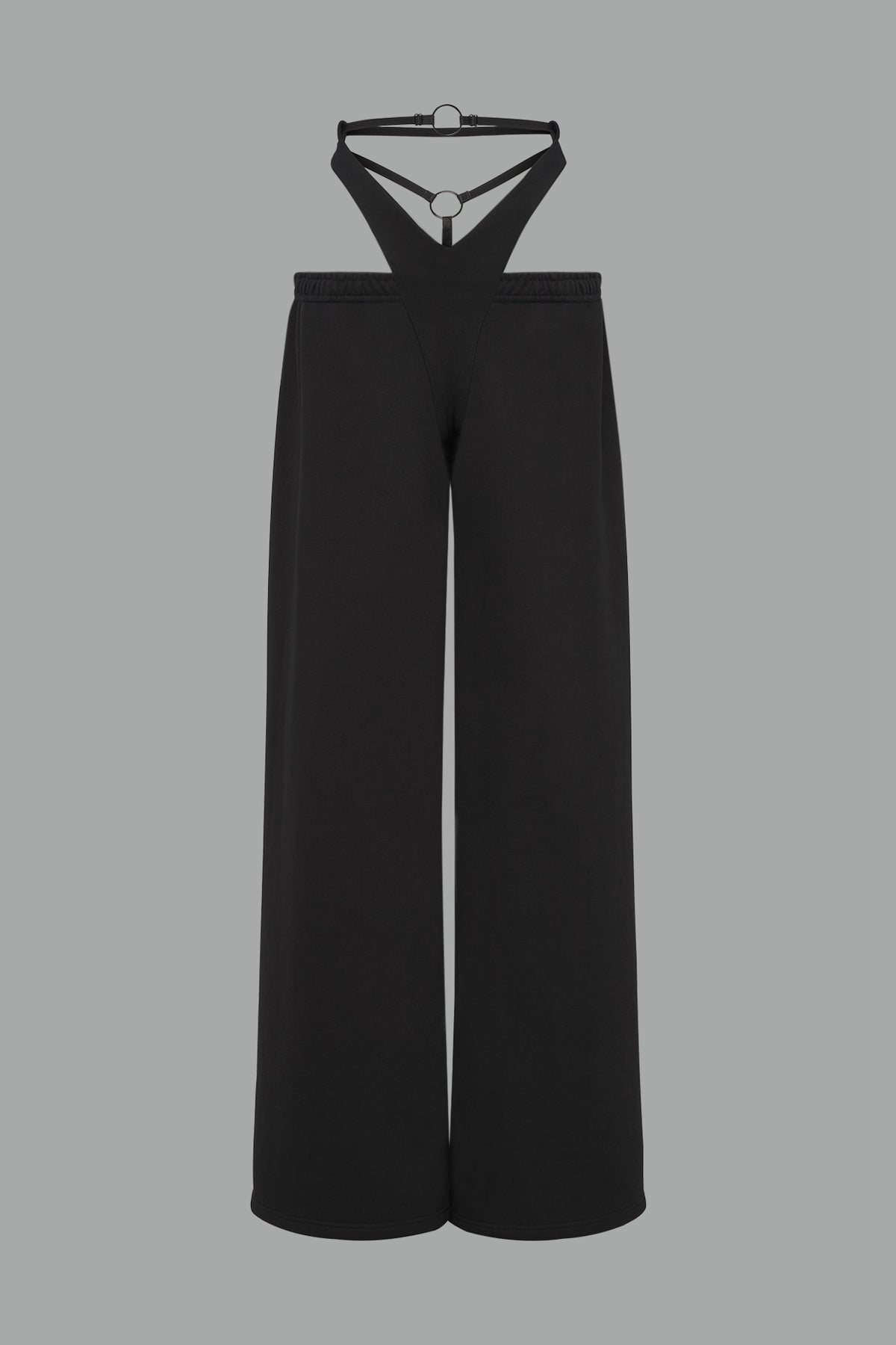 low-rise black wide-leg pants featuring a V-shaped waistband and detachable thong strap detail.