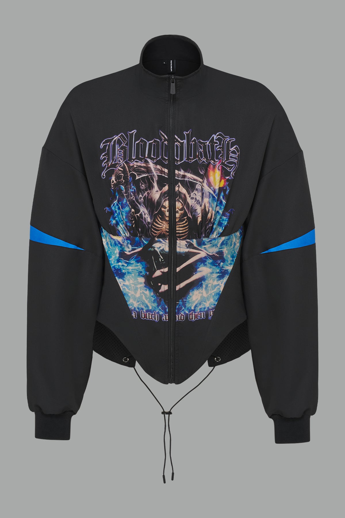 Black Namilia cropped tracksuit jacket with sleeve stripes, gothic graphic print, and lace-up corset back