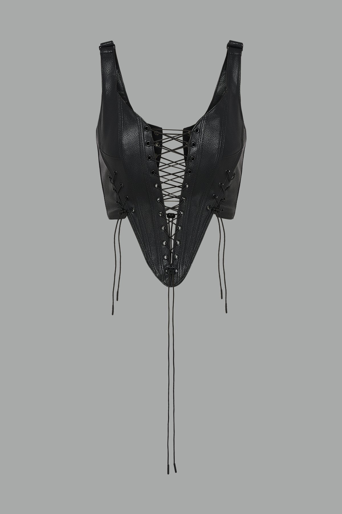 black vegan leather XTC Corset by Namilia featuring extreme plunging neckline, front lace-up closure, and sculpted fit