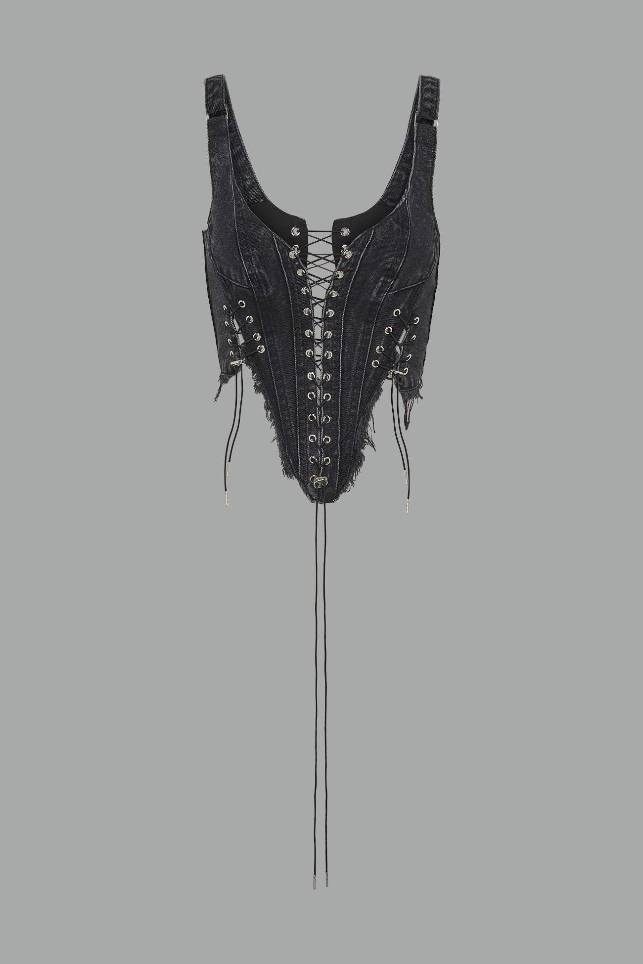 black washed denim corset top with plunging neckline, lace-up front and sides, raw frayed hem, and structured fit