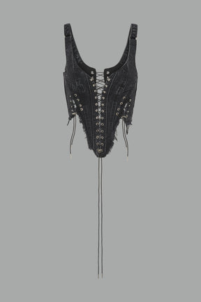 black washed denim corset top with plunging neckline, lace-up front and sides, raw frayed hem, and structured fit