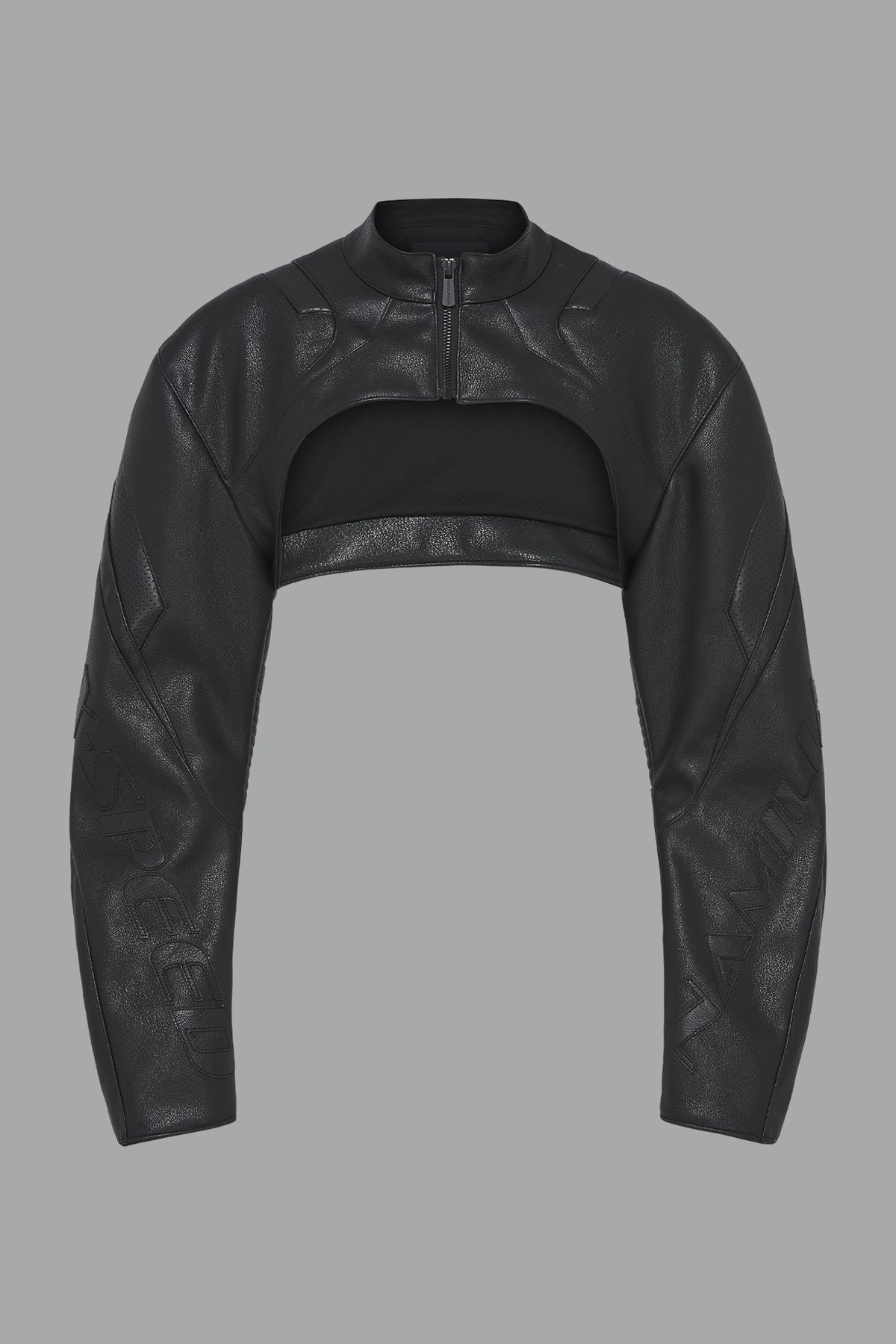 black vegan leather cropped jacket with a high choker collar and zipper front
